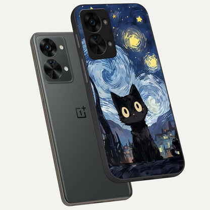  Van Gogh Cat phone case For OnePlus Nord 2T showing premium glass back cover with detailed artwork