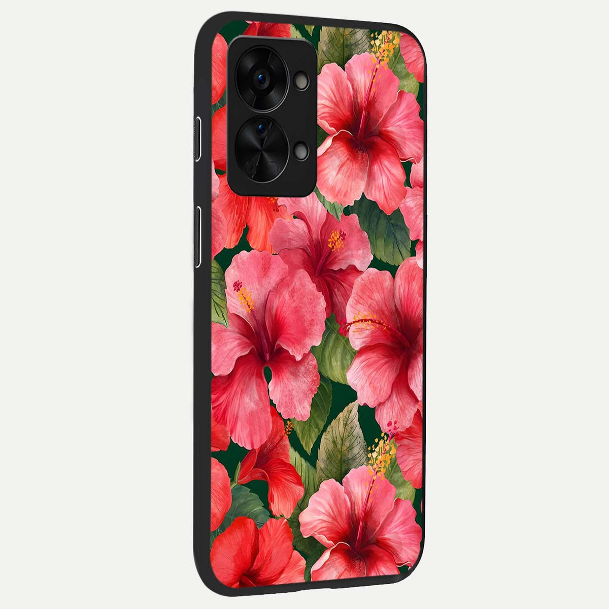  Hibiscus Pattern back cover For OnePlus Nord 2T slim fit glass case with vibrant aesthetic design