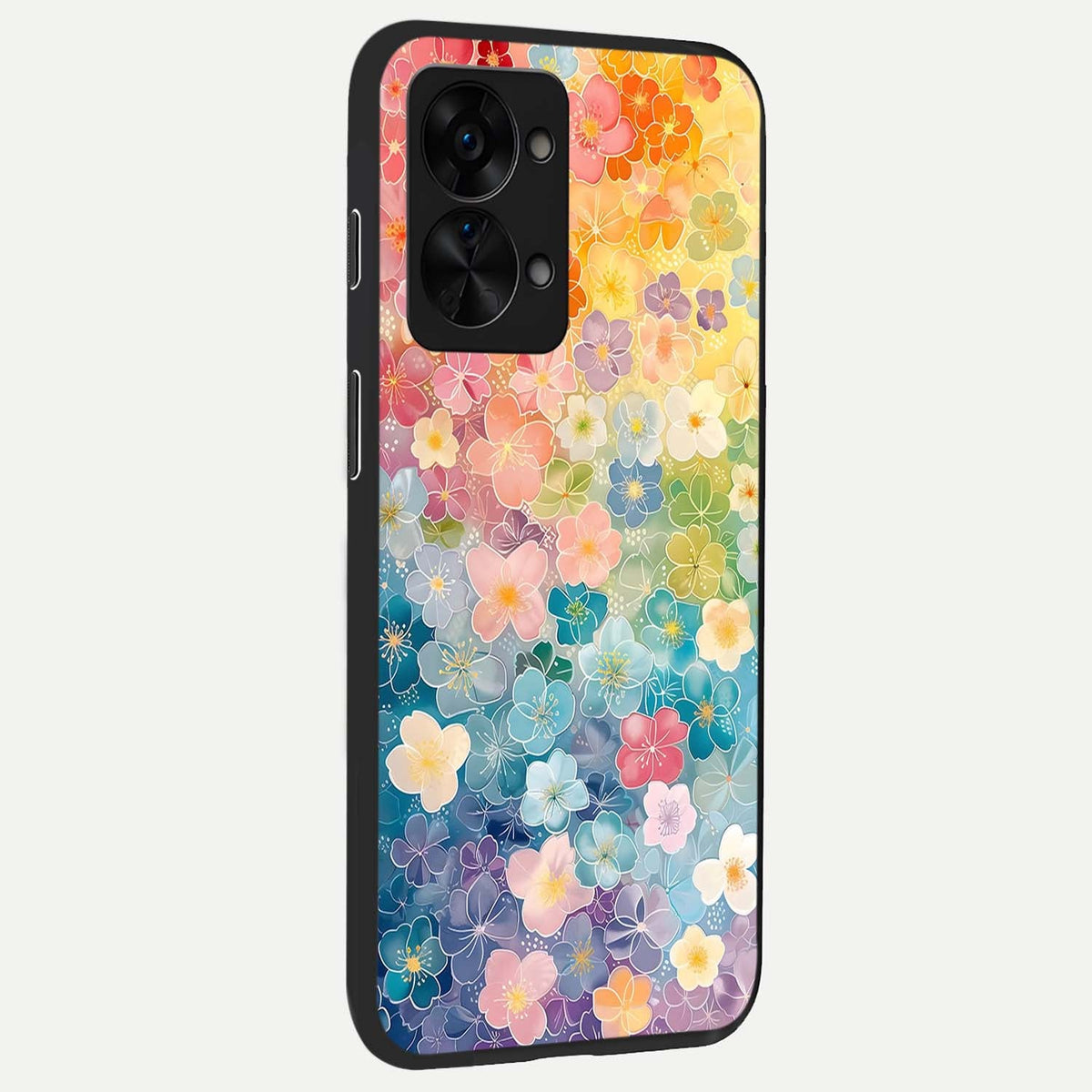  Rainbow Blossom Burst back cover For OnePlus Nord 2T slim fit glass case with vibrant aesthetic design