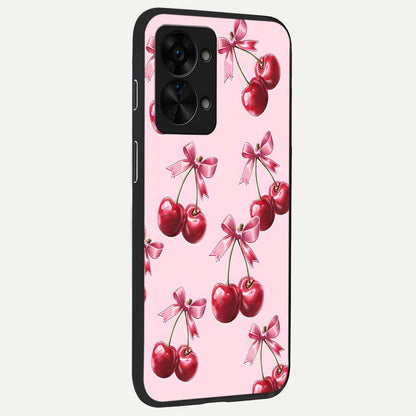  Red Cherries Pattern back cover For OnePlus Nord 2T slim fit glass case with vibrant aesthetic design