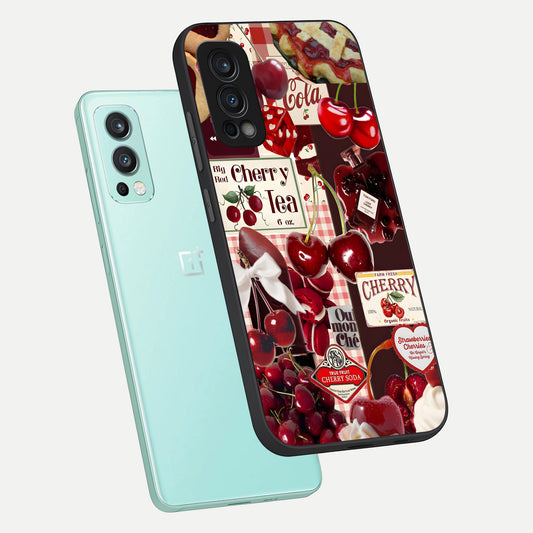  Aesthetic Cherry Tea phone case For OnePlus Nord 2 showing premium glass back cover with detailed artwork