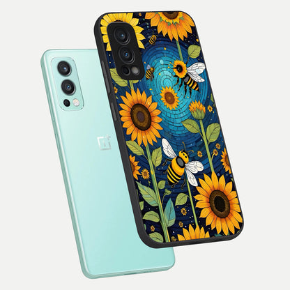  Bees And Sunflowers phone case For OnePlus Nord 2 showing premium glass back cover with detailed artwork