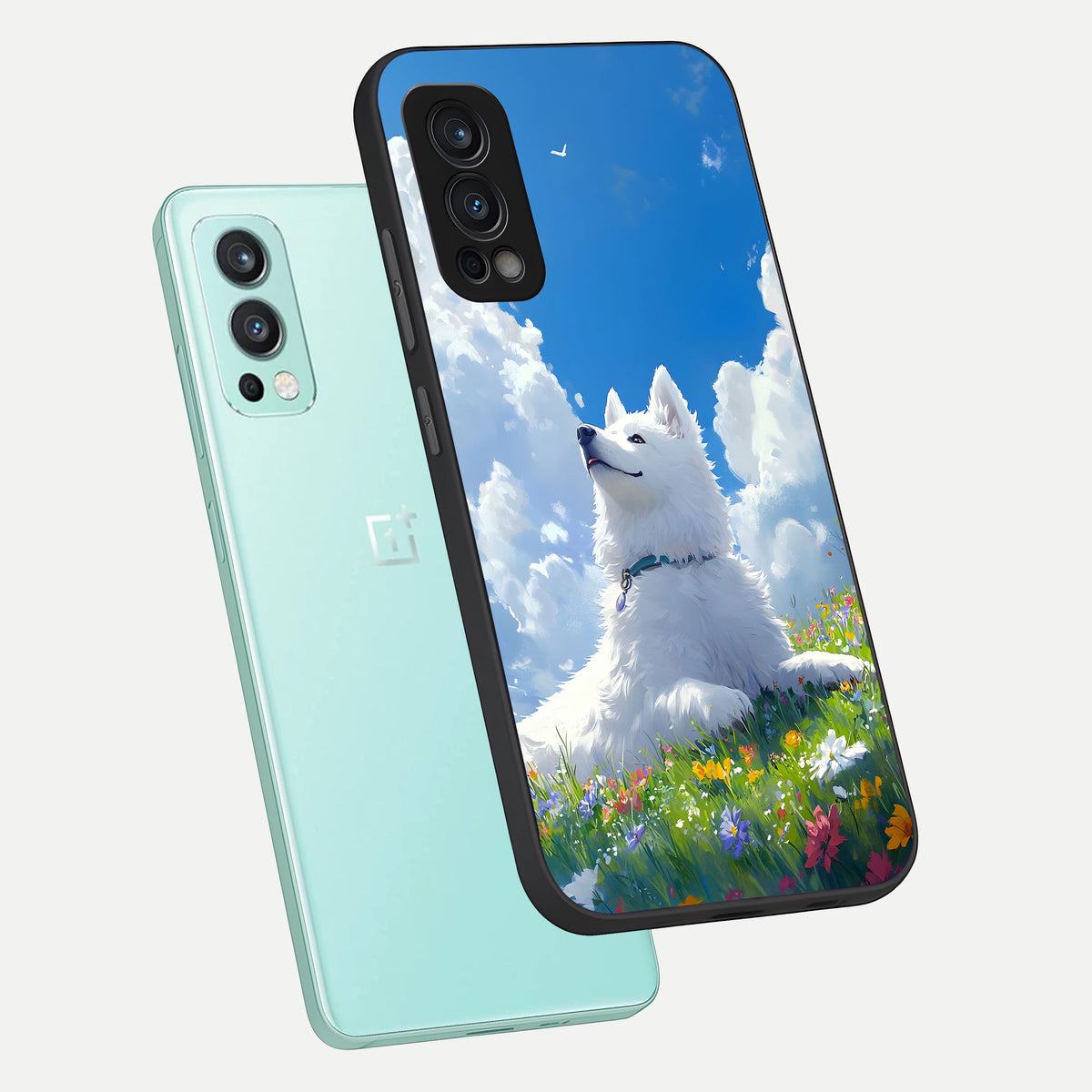  Blissful Cloud Pup phone case For OnePlus Nord 2 showing premium glass back cover with detailed artwork