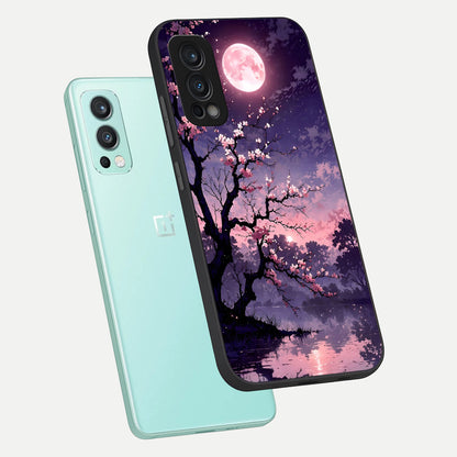  Blossom Pink Moon phone case For OnePlus Nord 2 showing premium glass back cover with detailed artwork