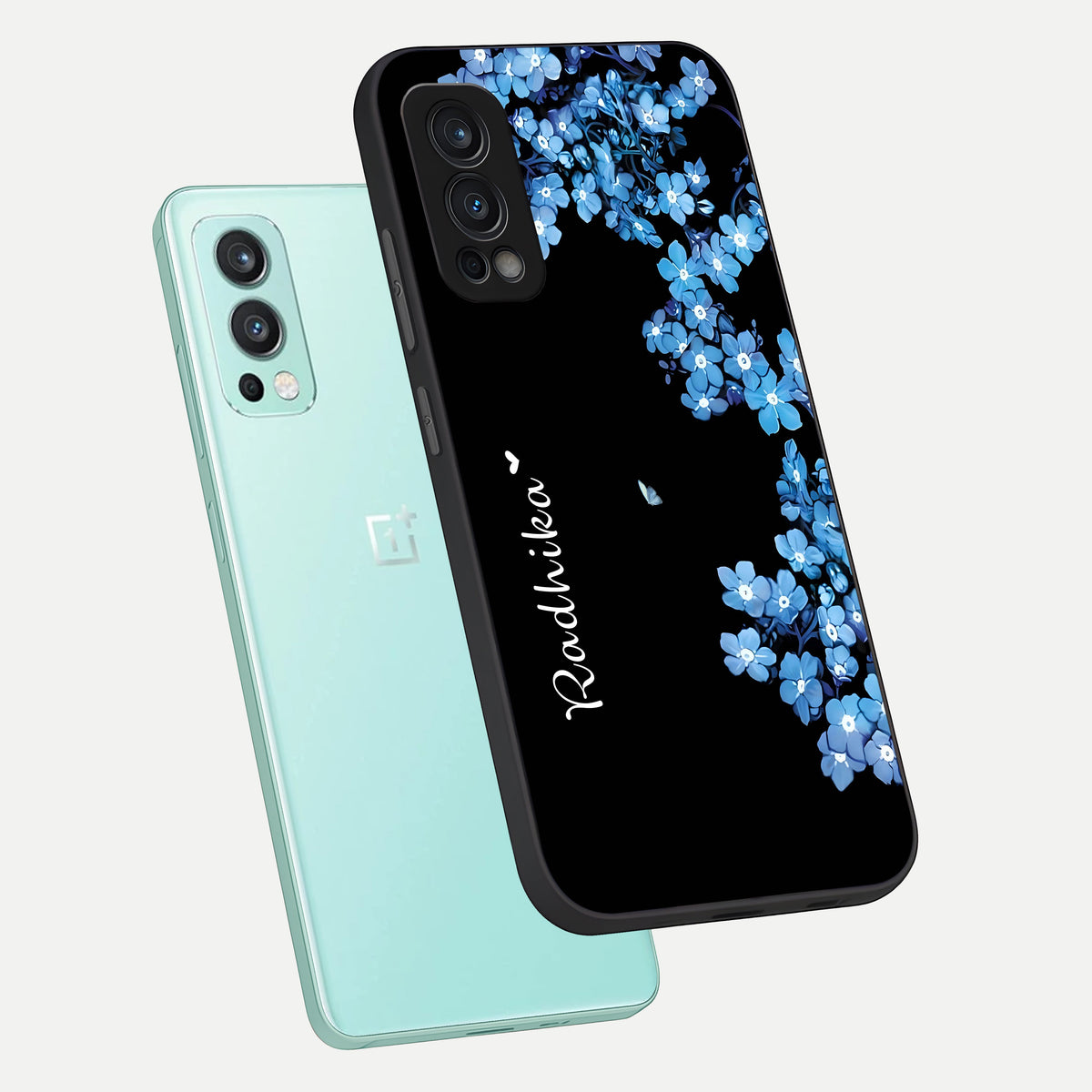 Blue Petal Dream Custom Name phone case For OnePlus Nord 2 showing premium glass back cover with detailed artwork