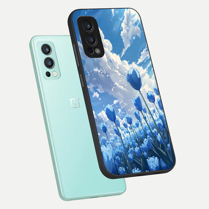  Blue Tulip Clouds phone case For OnePlus Nord 2 showing premium glass back cover with detailed artwork
