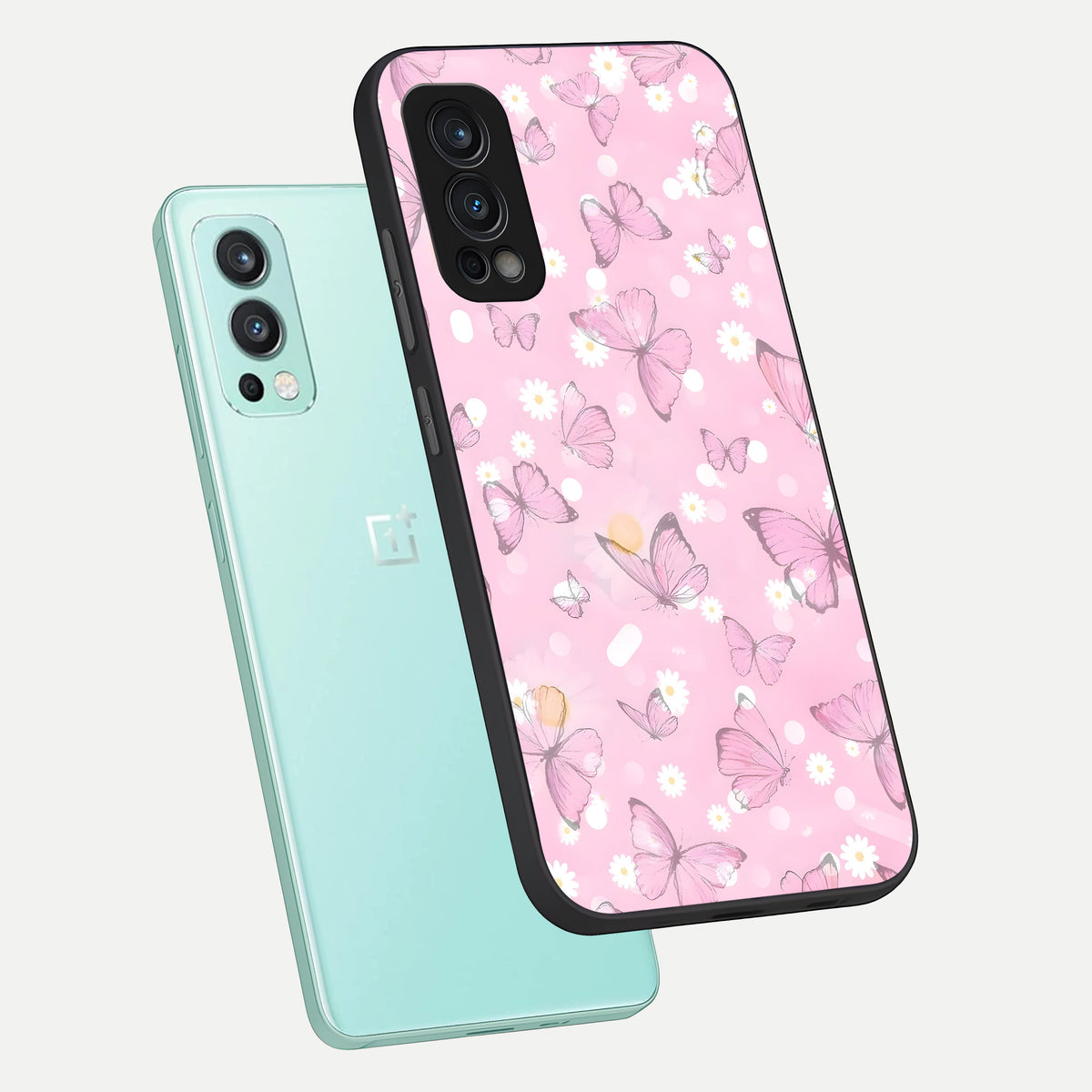  Blush Butterfly Garden phone case For OnePlus Nord 2 showing premium glass back cover with detailed artwork