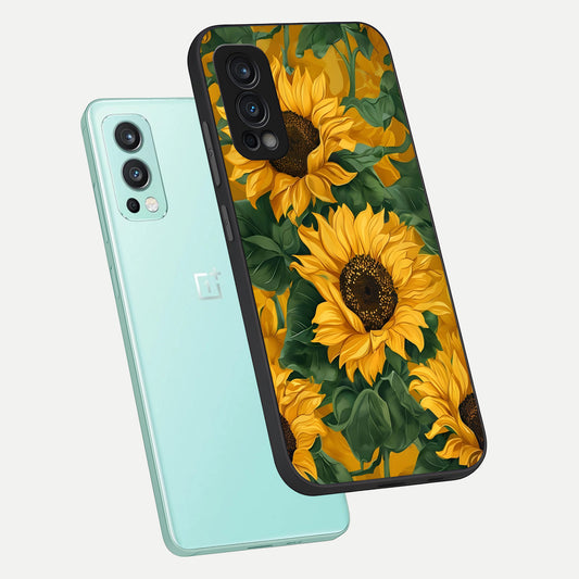  Bright Sunflower Bloom phone case For OnePlus Nord 2 showing premium glass back cover with detailed artwork