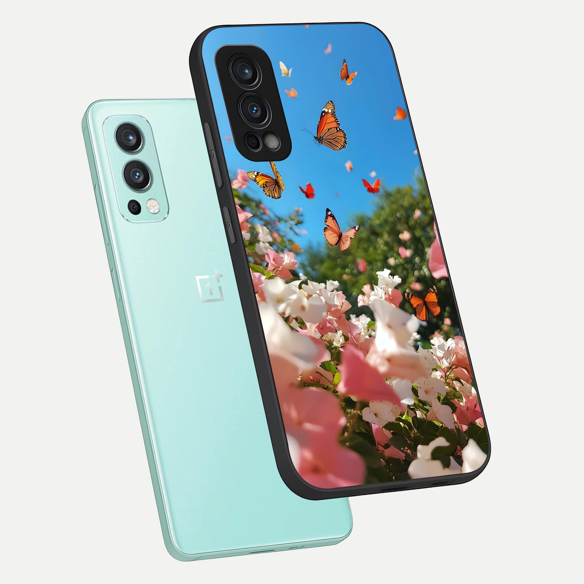  Butterflies In Bloom Sky phone case For OnePlus Nord 2 showing premium glass back cover with detailed artwork