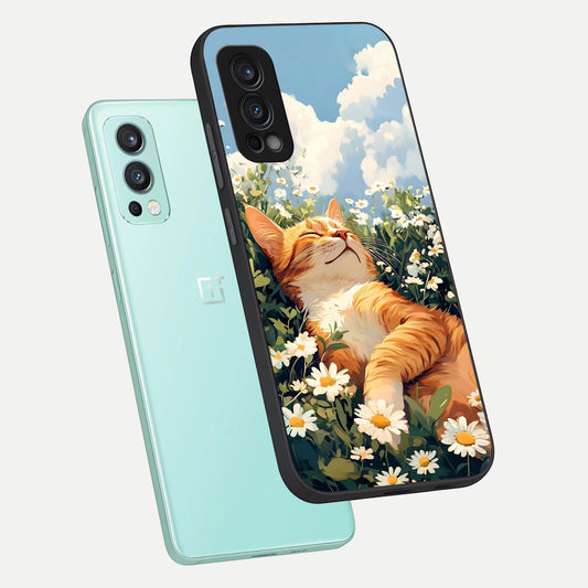  Cat And Flowers View phone case For OnePlus Nord 2 showing premium glass back cover with detailed artwork