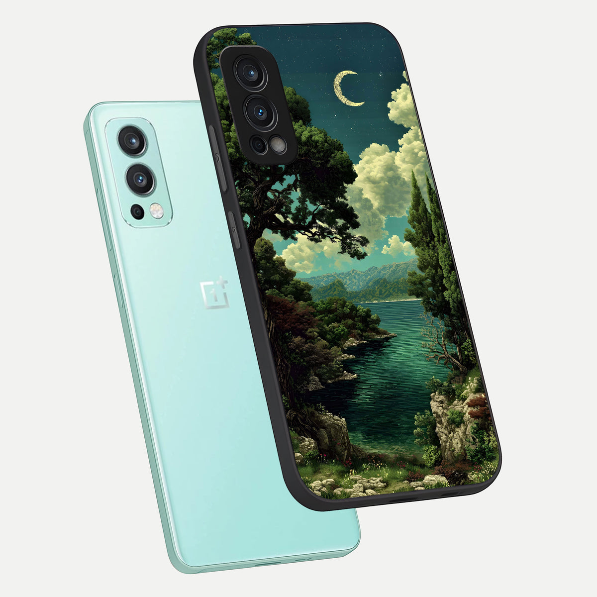  Celestial Lake Peace phone case For OnePlus Nord 2 showing premium glass back cover with detailed artwork
