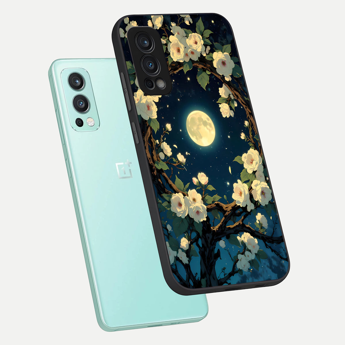 Celestial Moon And Flower phone case For OnePlus Nord 2 showing premium glass back cover with detailed artwork