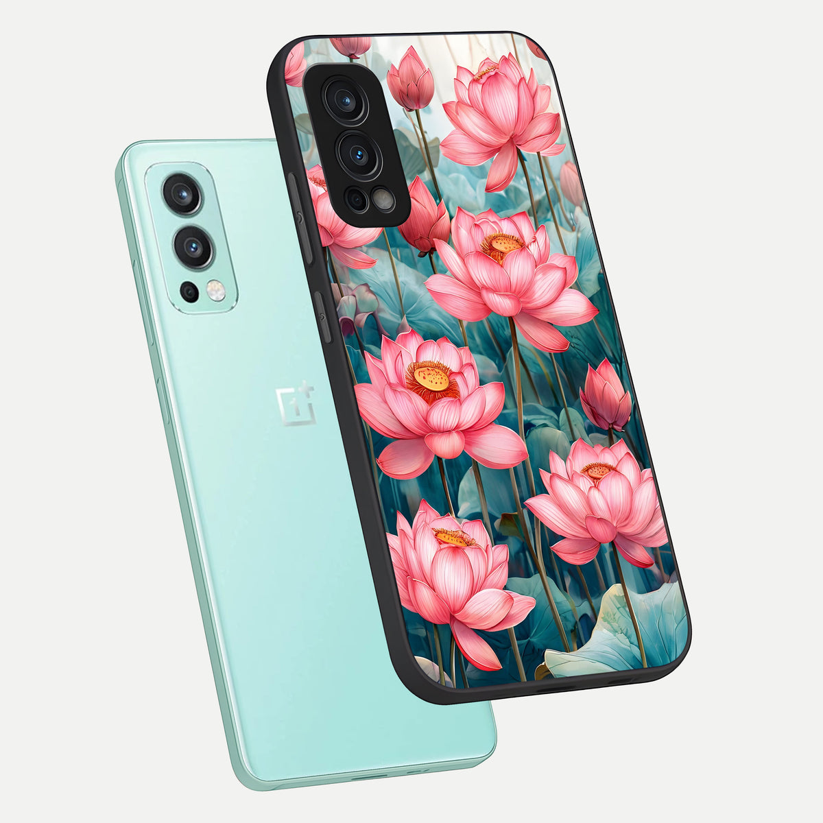  Celestial Pink Lotus phone case For OnePlus Nord 2 showing premium glass back cover with detailed artwork