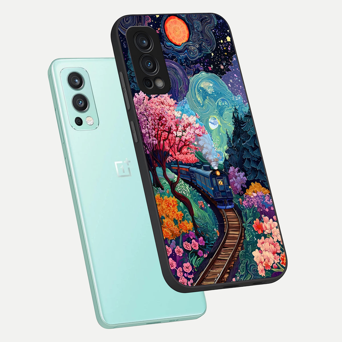  Celestial Train Journey phone case For OnePlus Nord 2 showing premium glass back cover with detailed artwork