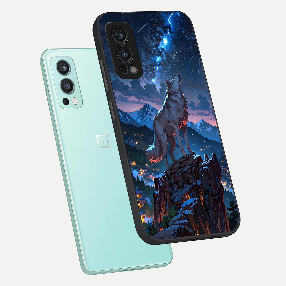  Celestial Wolf Howl phone case For OnePlus Nord 2 showing premium glass back cover with detailed artwork