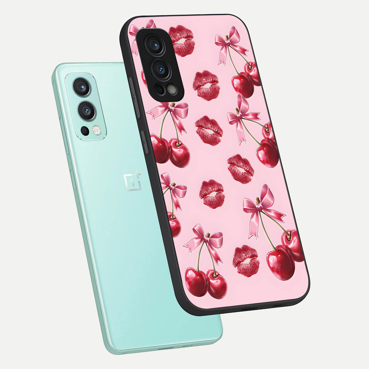  Cherry With Lips phone case For OnePlus Nord 2 showing premium glass back cover with detailed artwork
