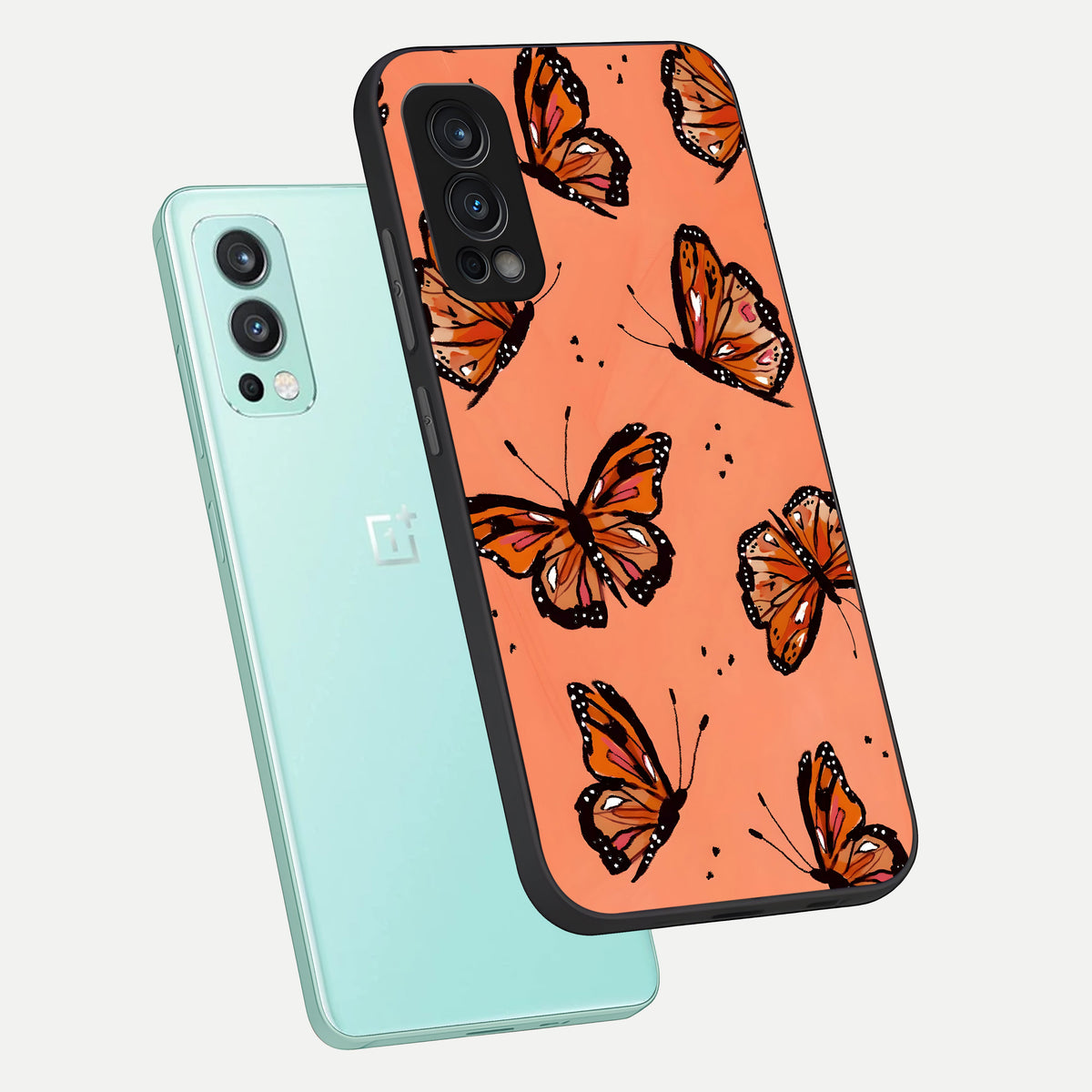  Coral Wing Butterfly phone case For OnePlus Nord 2 showing premium glass back cover with detailed artwork