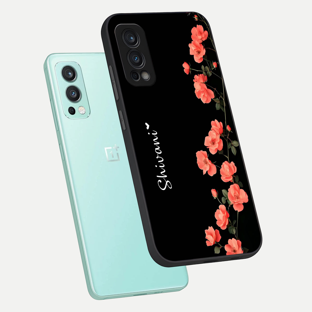  Crimson Bloom Grace Custom Name phone case For OnePlus Nord 2 showing premium glass back cover with detailed artwork