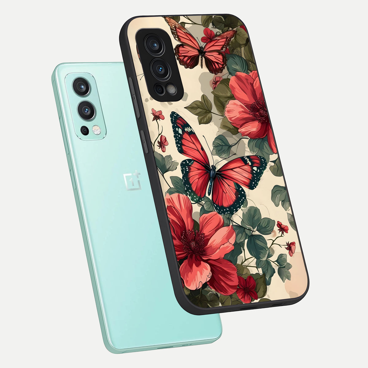  Crimson Butterfly Garden phone case For OnePlus Nord 2 showing premium glass back cover with detailed artwork