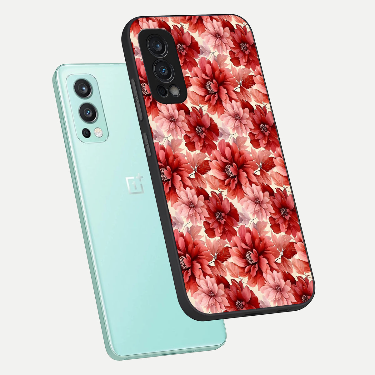  Crimson Love Petals phone case For OnePlus Nord 2 showing premium glass back cover with detailed artwork