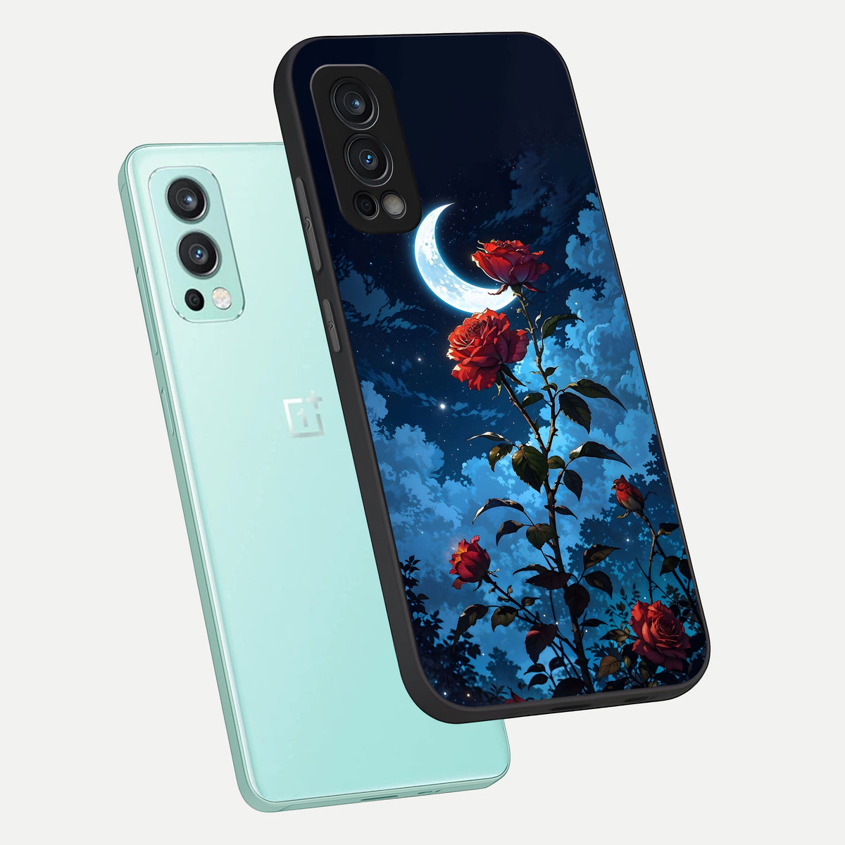  Crimson Rose Moon phone case For OnePlus Nord 2 showing premium glass back cover with detailed artwork