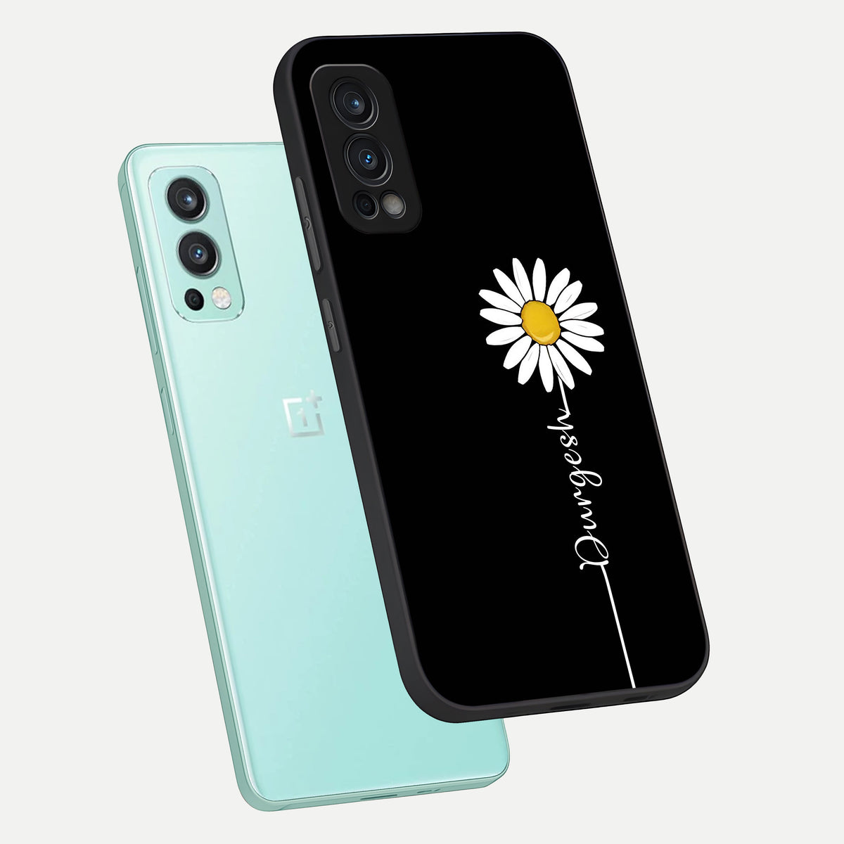  Custom Name White Flower phone case For OnePlus Nord 2 showing premium glass back cover with detailed artwork