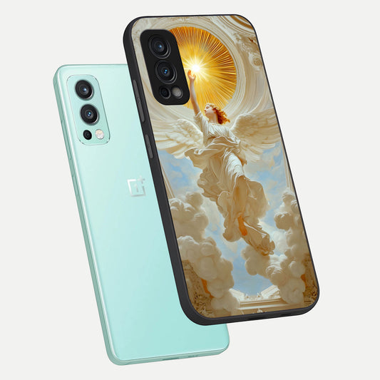  Divine Light Angel phone case For OnePlus Nord 2 showing premium glass back cover with detailed artwork