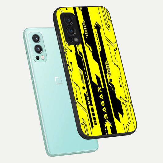  Electric Pulse CYBERPUNK Custom Name phone case For OnePlus Nord 2 showing premium glass back cover with detailed artwork