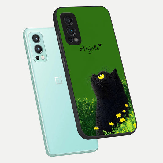  Emerald Cat Custom Name phone case For OnePlus Nord 2 showing premium glass back cover with detailed artwork
