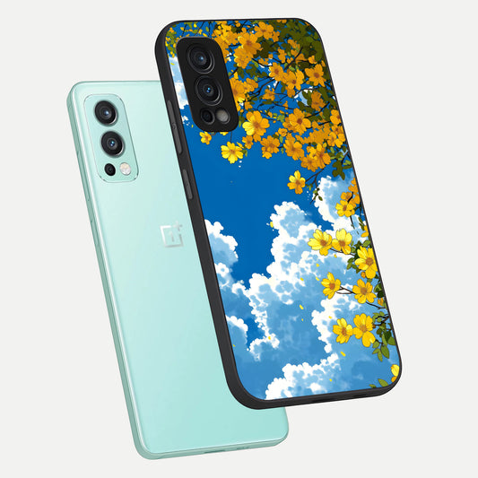 Golden Petal Sky phone case For OnePlus Nord 2 showing premium glass back cover with detailed artwork