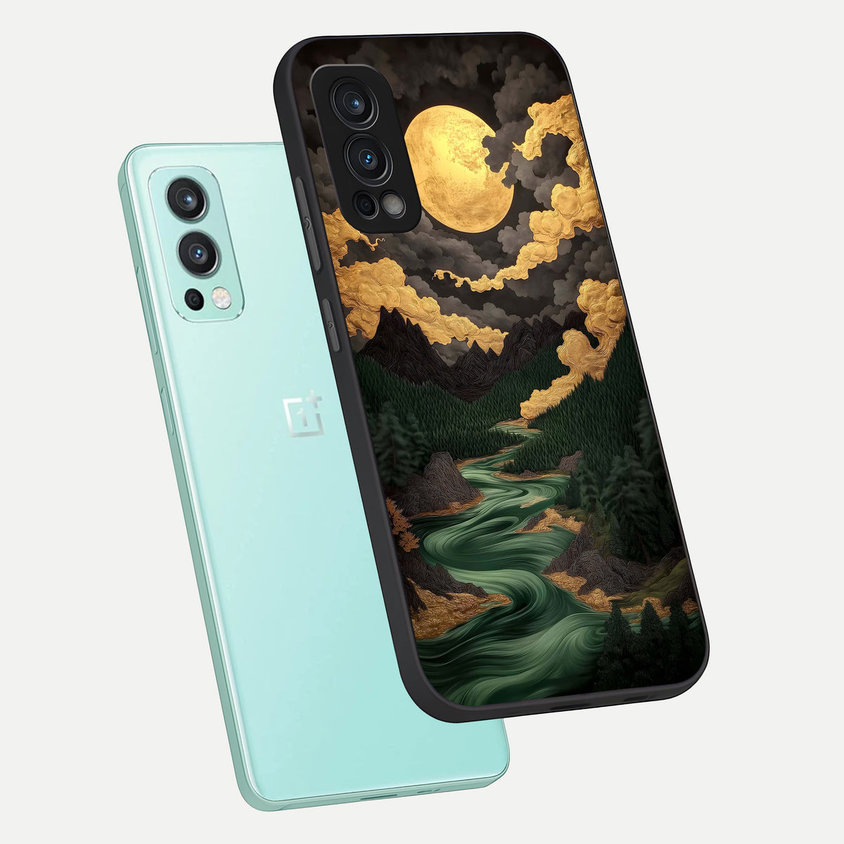  Golden River Moon phone case For OnePlus Nord 2 showing premium glass back cover with detailed artwork