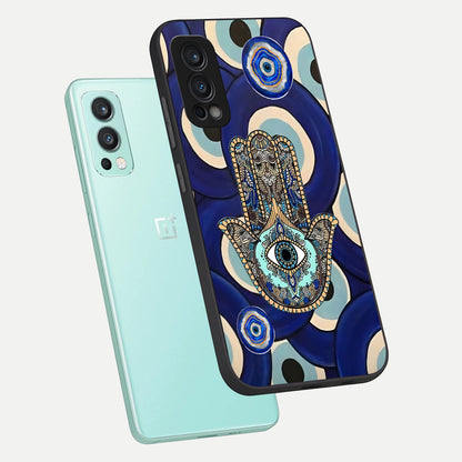  Hamsa Divine Guard phone case For OnePlus Nord 2 showing premium glass back cover with detailed artwork