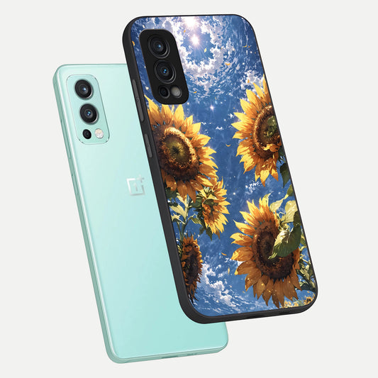  Heavenly Sunflower Rise phone case For OnePlus Nord 2 showing premium glass back cover with detailed artwork