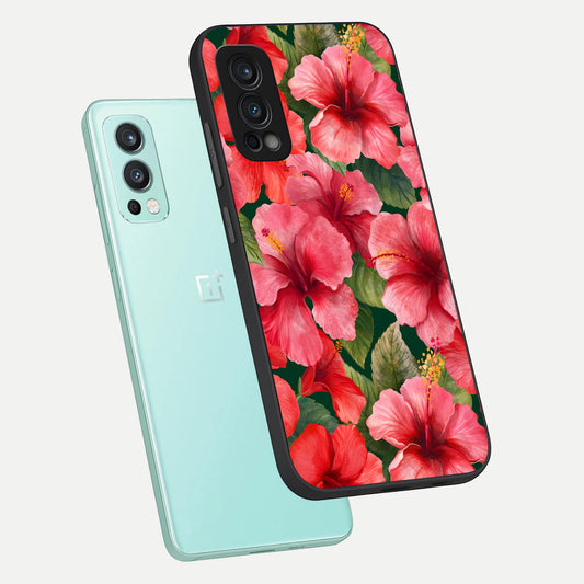  Hibiscus Pattern phone case For OnePlus Nord 2 showing premium glass back cover with detailed artwork