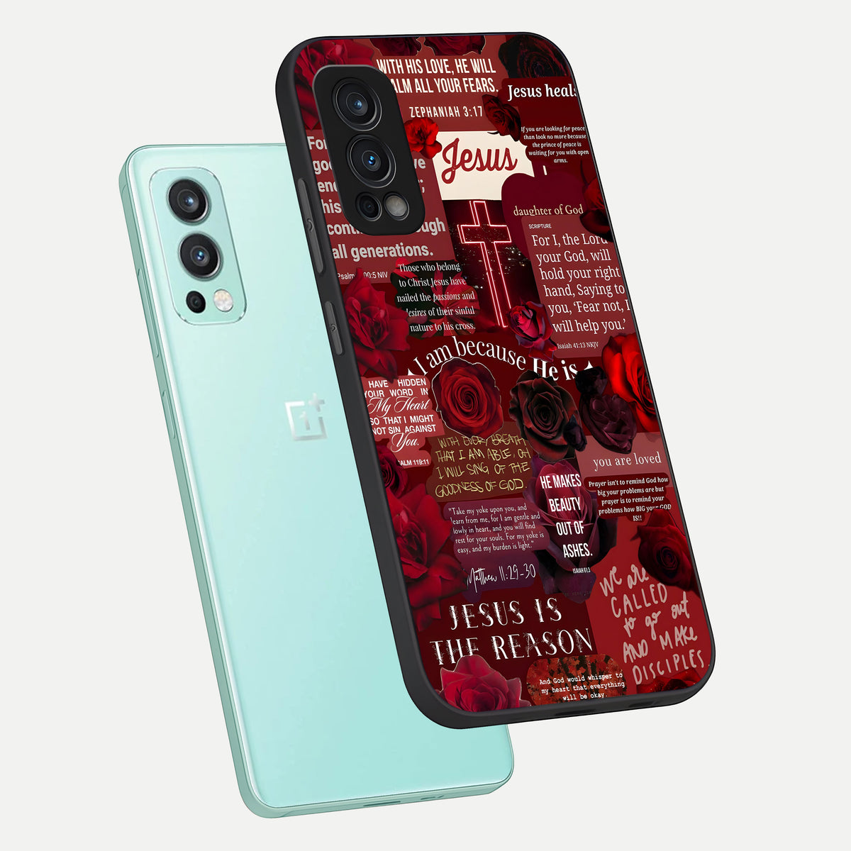  Jesus Love Heals phone case For OnePlus Nord 2 showing premium glass back cover with detailed artwork