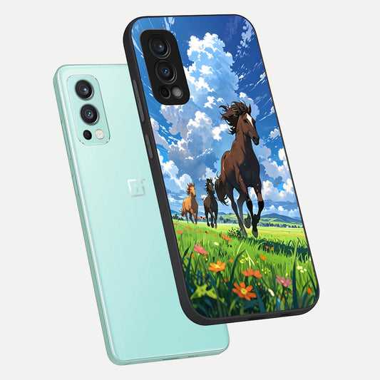  Majestic Horses Galloping phone case For OnePlus Nord 2 showing premium glass back cover with detailed artwork