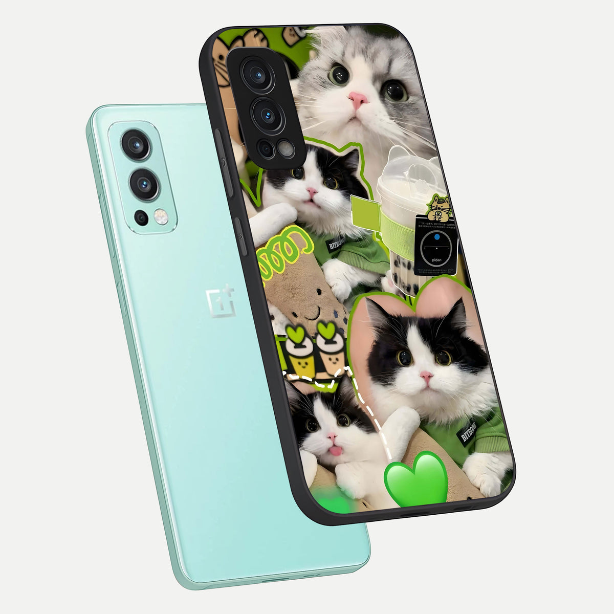  Matcha Cats Mood phone case For OnePlus Nord 2 showing premium glass back cover with detailed artwork
