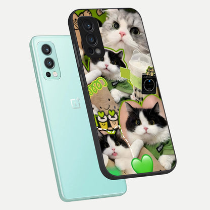  Matcha Cats Mood phone case For OnePlus Nord 2 showing premium glass back cover with detailed artwork