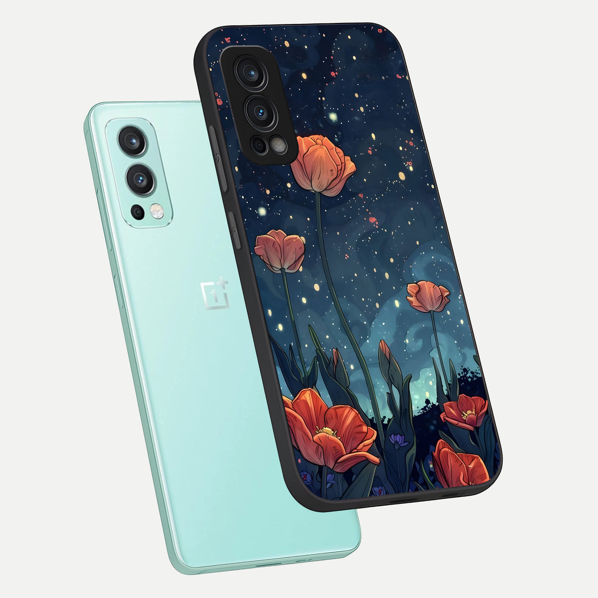  Midnight Tulip Glow phone case For OnePlus Nord 2 showing premium glass back cover with detailed artwork
