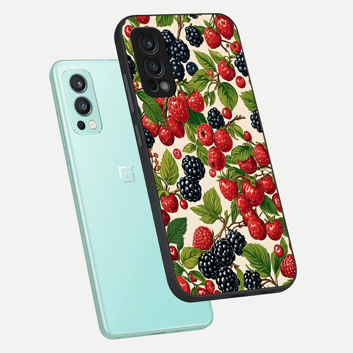  Mixed Berry Collage phone case For OnePlus Nord 2 showing premium glass back cover with detailed artwork