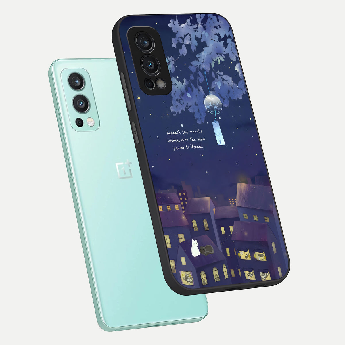  Moonlit Cat Silence phone case For OnePlus Nord 2 showing premium glass back cover with detailed artwork