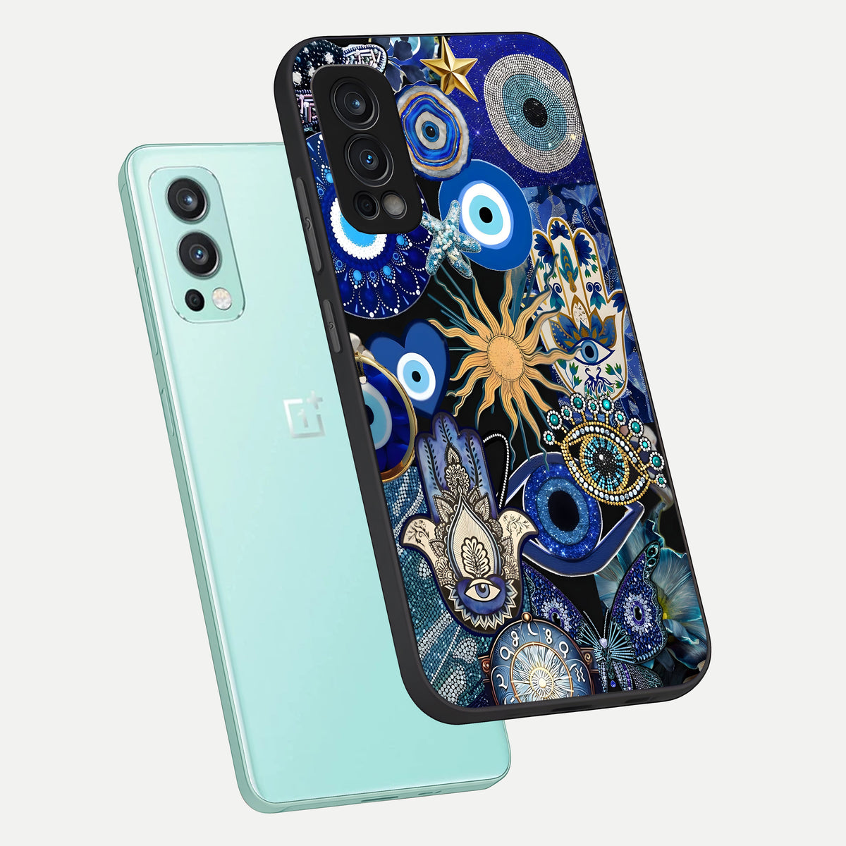  Mystic Blue Evil Eye phone case For OnePlus Nord 2 showing premium glass back cover with detailed artwork