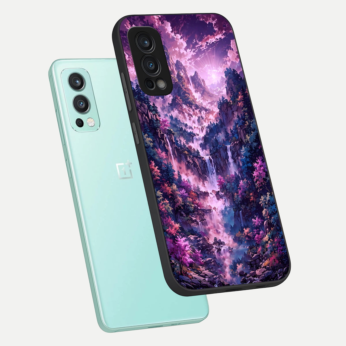  Mystic Cascade Peaks phone case For OnePlus Nord 2 showing premium glass back cover with detailed artwork