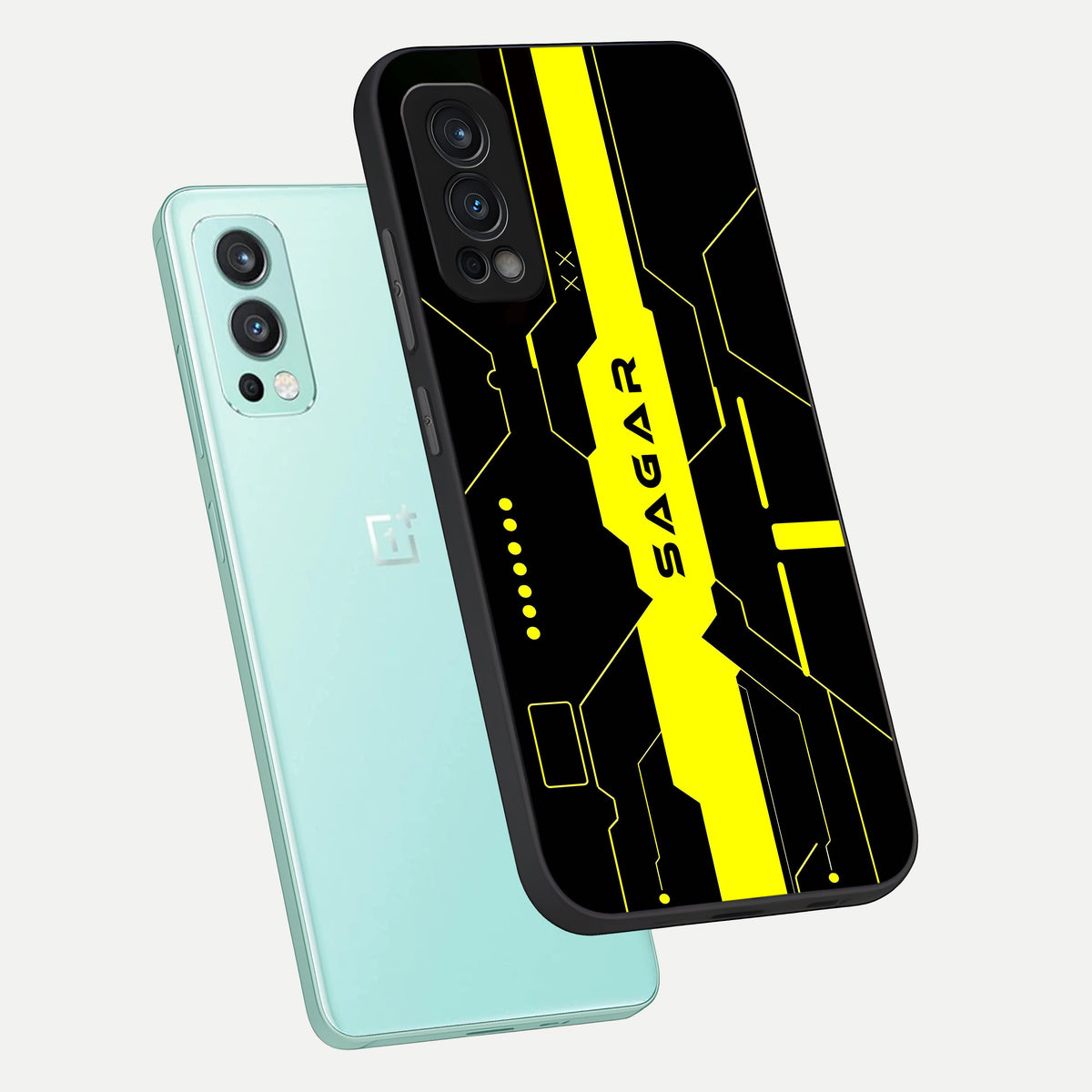  Neon CYBERPUNK Custom Name phone case For OnePlus Nord 2 showing premium glass back cover with detailed artwork