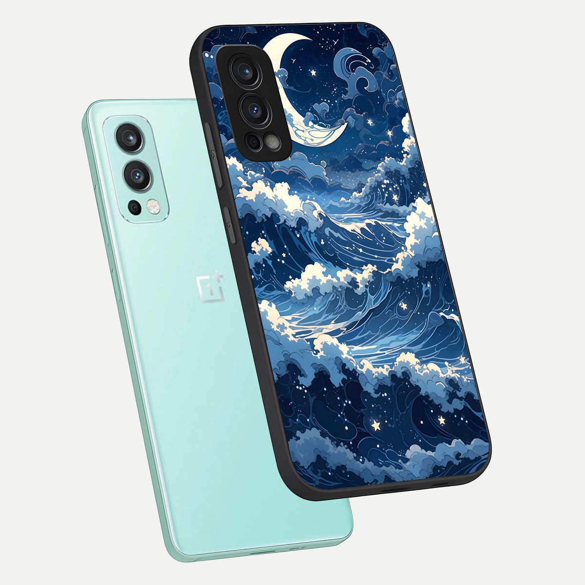  Ocean Moon Waves phone case For OnePlus Nord 2 showing premium glass back cover with detailed artwork