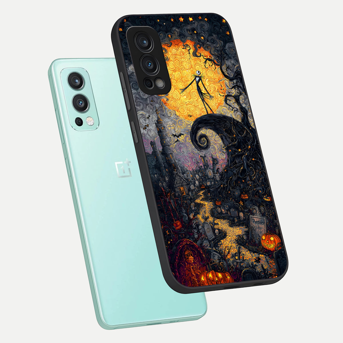  Pumpkin Moon Night phone case For OnePlus Nord 2 showing premium glass back cover with detailed artwork