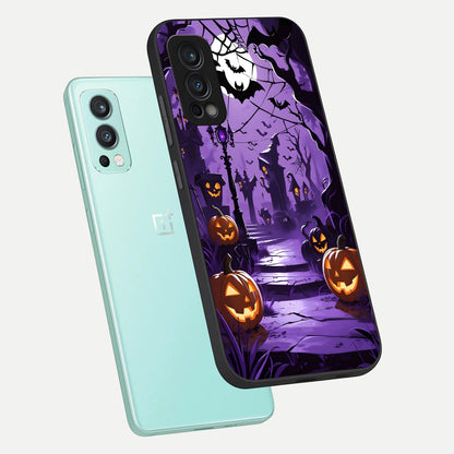 Pumpkin Patch Halloween phone case For OnePlus Nord 2 showing premium glass back cover with detailed artwork