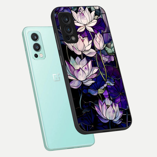  Purple Lotus Pattern phone case For OnePlus Nord 2 showing premium glass back cover with detailed artwork