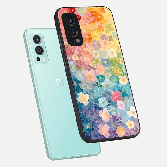  Rainbow Blossom Burst phone case For OnePlus Nord 2 showing premium glass back cover with detailed artwork