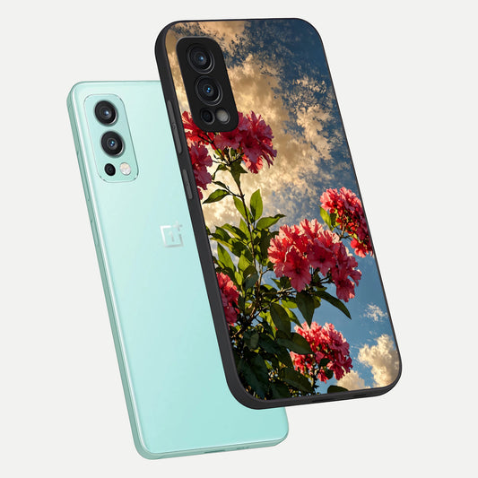  Red Bloom Skies phone case For OnePlus Nord 2 showing premium glass back cover with detailed artwork